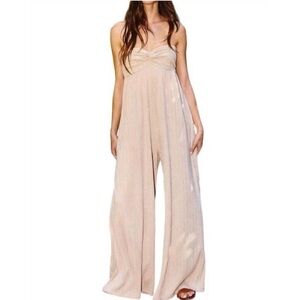 Bucketlist Taupe Beige Strapless Knit Wide Leg Jumpsuit with Pockets Size Large